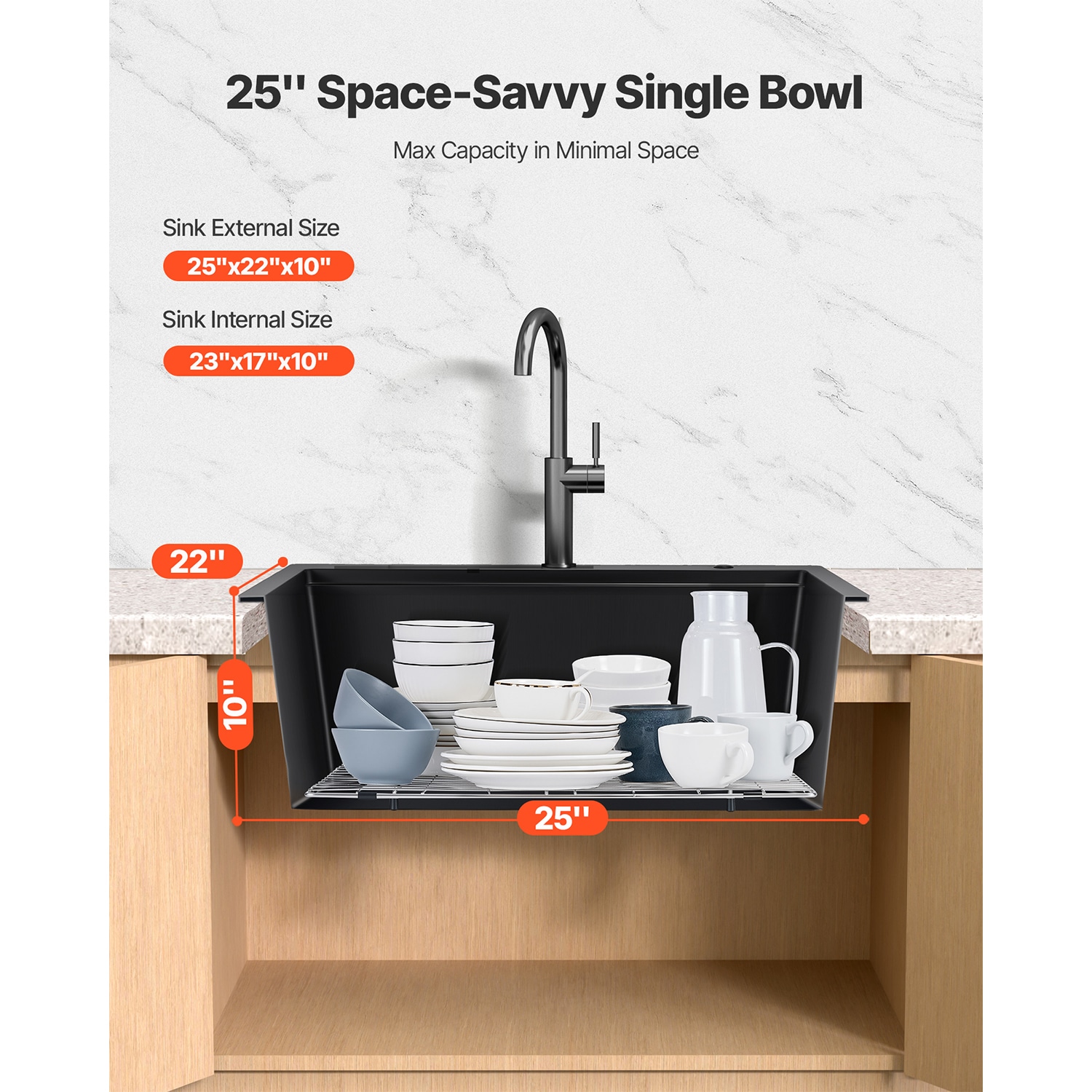 25 Inch Granite Kitchen Sink Top Mount Single Bowl Drop-In Basin For RV Bar_voghion.com